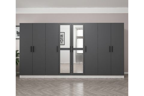 MİNAR KALE 8 KAPAKLI 2 AYNALI 2 ÇEKMECELİ DOLAP BEYAZ ANTRASİT 210CM