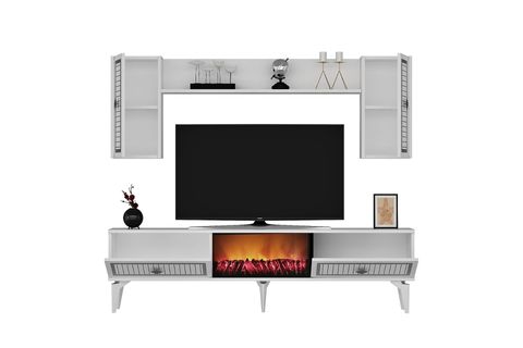 FLAME ŞÖMİNELİ TV ÜNİTESİ TAKIMI, BEYAZ GÜMÜŞ