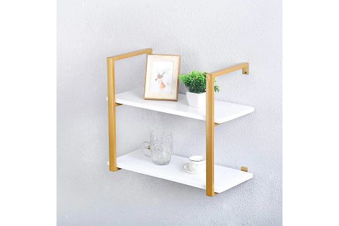TASNİA GOLD METAL AHŞAP DUVAR RAFI 60 CM 2 KATLI