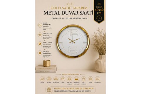 ELEGANT WHİTE GOLD METAL DUVAR SAATİ 40 CM