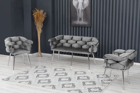 VİANEM BALON ÇAY SETİ KOLTUK TAKIMI, KROM METAL AYAK, GRİ