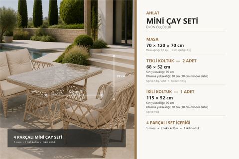 AHLAT MİNİ 4 KİŞİLİK RATTAN BALKON TAKIMI, BEJ
