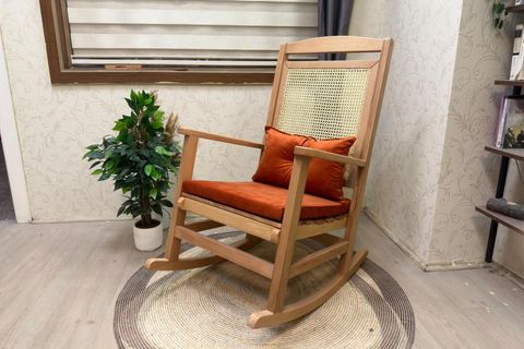 ASEDİA VERANDA HASIRLI MİNDERLİ SALLANAN SANDALYE, TURUNCU, NATUREL AYAK