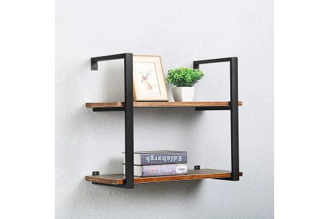 TASNİA SİYAH METAL AHŞAP DUVAR RAFI 60 CM 2 KATLI