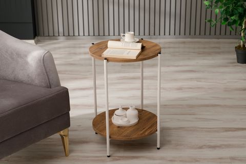 YUVARLAK TABLALI İKİ KATLI SEHPA, BEYAZ, 42X60