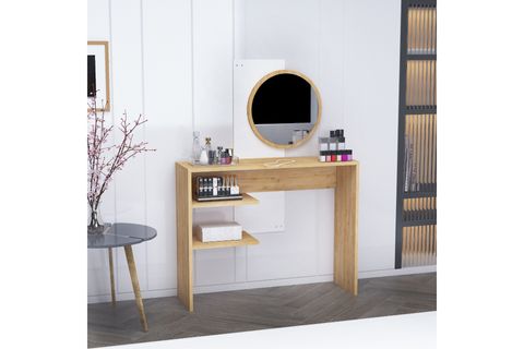 DALİ GENİŞ AYNALI RAFLI MAKYAJ MASASI, SAFİRMEŞE BEYAZ