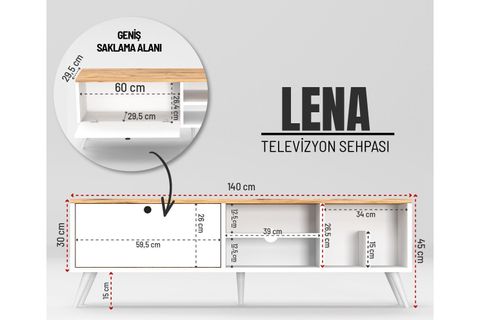 LENA KİTAPLIK BÖLÜMLÜ TV SEHPASI, ÇAM KAPAKLI, 140 CM