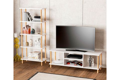 TİVO TELEVİZYON SEHPASI VE PİNA BEŞ RAFLI KİTAPLIK, BEYAZ