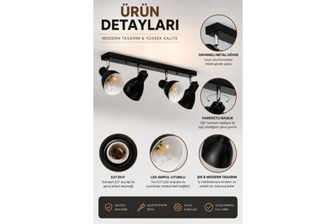 OTİS DÖRTLÜ SIRALI SİYAH PLAFONYER AVİZE