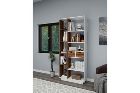 LUMA ÇOK GÖZLÜ KİTAPLIK 10 RAFLI VE 2 DOLAPLI, BEYAZ CEVİZ