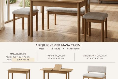NUU AÇILIR MUTFAK MASA TAKIMI,İKİ TABURE, SIRTLI BENCH
