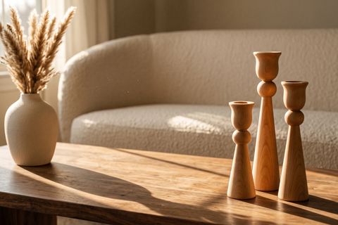 LALEZAR KAYIN AHŞAP ÜÇLÜ ŞAMDAN SETİ, KOYU CEVİZ