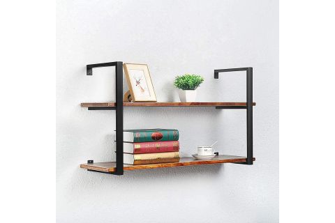 TASNİA SİYAH METAL AHŞAP DUVAR RAFI 90 CM 2 KATLI