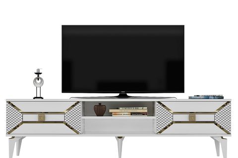 YUMEDİ TV ÜNİTESİ, İKİ RAFLI İKİ KAPAKLI, ALTIN-BEYAZ