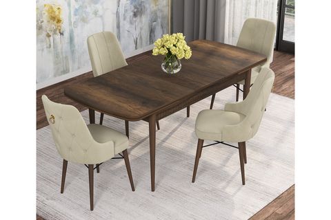 ROVENA MONA AÇILABİLİR MUTFAK MASASI TAKIMI, BAROK DESEN, KREM, 132X80