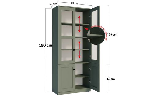 LİSA CAM KAPAKLI VİTRİN KİTAPLIK, YEŞİL, 80 CM