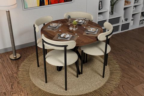 DİCLE YUVARLAK MDF MUTFAK MASA TAKIMI, CEVİZ BEYAZ