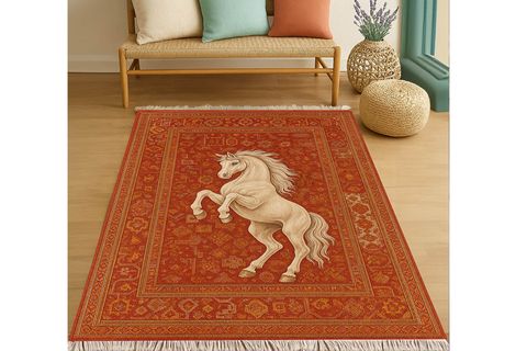 AT FİGÜRLÜ VİNTAGE KIRMIZI DESENLİ HALI, ETNİK KİLİM DOKUMA TABAN HALI, 327 YNG, 60X120 CM