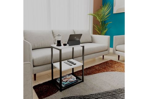 LİNA METAL AYAKLI AHŞAP RAFLI YAN SEHPA, BEYAZ