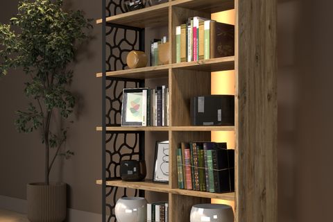ATLANTİS LED IŞIKLI KUMANDALI ÖZEL TASARIM METAL AYAKLI KİTAPLIK, ATLANTİK ÇAM