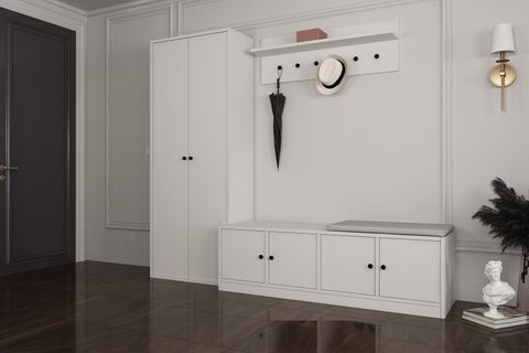 LEONARDO PORTMANTO VESTİYER 324, DOLAPLI, PUFLU, BEYAZ, 195 CM