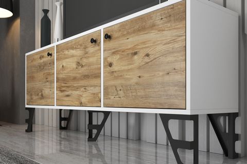 WOOD'N LOVE BELLO TV ÜNİTESİ, METAL AYAKLI, BEYAZ ATLANTİK ÇAM, 160 CM