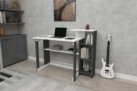 SAYE KİTAPLIKLI ÇALIŞMA MASASI, ANTRASİT BEYAZ, 5 RAFLI