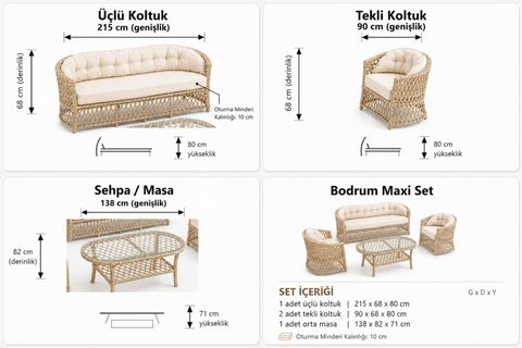 BODRUM RATTAN BAHÇE BALKON OTURMA GRUBU, 5 KİŞİLİK, BEJ