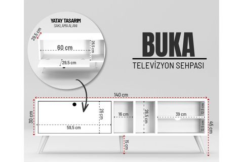 BUKA GENİŞ TEK KAPAKLI TV SEHPASI, BEYAZ, 140 CM