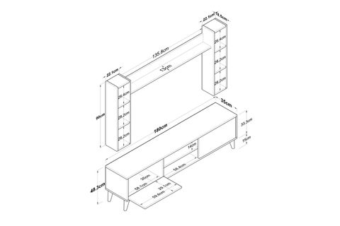 RANİ A9 DUVAR RAFLI TV ÜNİTESİ, KİTAPLIKLI, DUVARA MONTE, MİNYATÜR CEVİZ, 180 CM