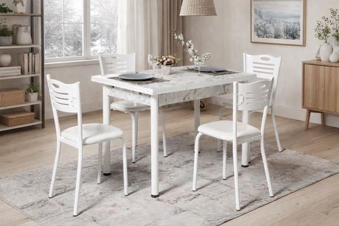 SMART MASA VE SMART SANDALYE TAKIMI, BEYAZ MERMER, 110X70