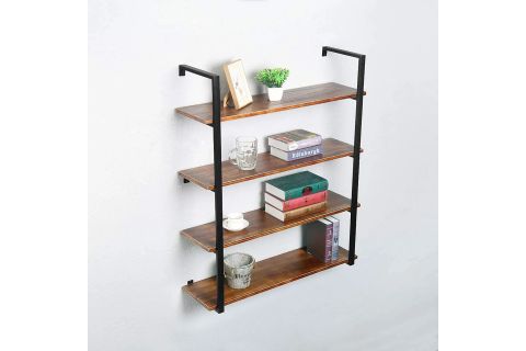 TASNİA SİYAH METAL AHŞAP DUVAR RAFI 90 CM 4 KATLI