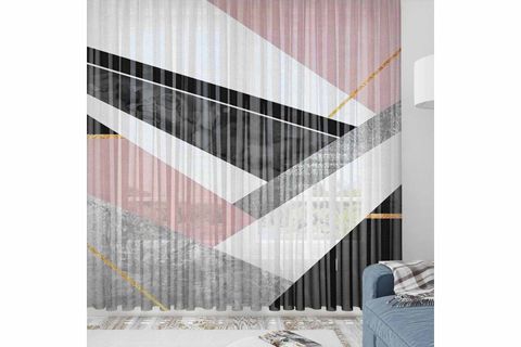 ELSE SARI KIRMIZI ETNİK KUTULAR DESENLİ DEKORATİF MODERN 3D TÜL FON PERDE 140X270