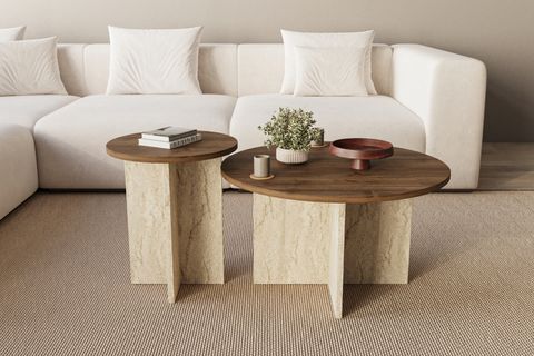 PRİVATE DEKORATİF CEVİZ MERMER ORTA SEHPA İSKANDİNAV, CEVİZ