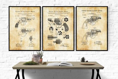AHŞAP ÇERÇEVELİ VİNTAGE TABLO SETİ, GUNS 2, 50X70