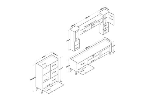 RANİ DUVARA MONTE TV ÜNİTESİ AA101, DUVAR RAFLI KİTAPLIKLI, CEVİZ BEYAZ