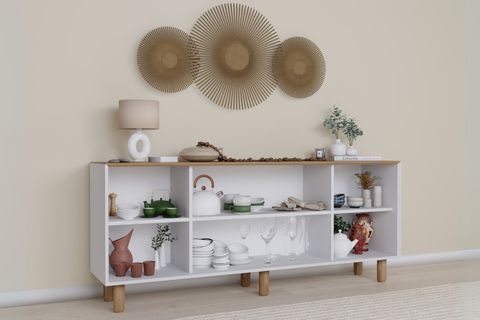 BOHEM SERİSİ NATURA PVC HASIR DESEN KONSOL, MAT BEYAZ AÇIK CEVİZ, 4 KAPAKLI