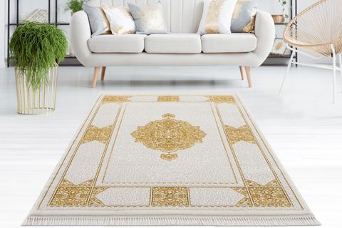 SADE GÖBEKLİ ÇERÇEVELİ KREM GOLD RENK MODERN OTURMA ODASI VE SALON HALISI 150X233