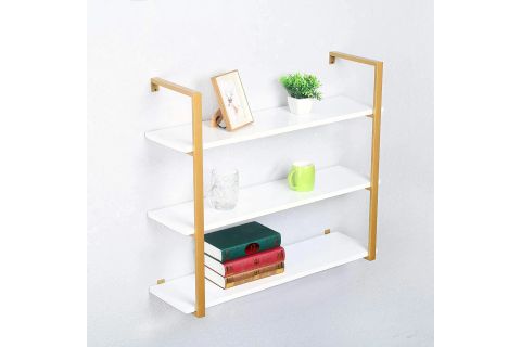 TASNİA GOLD METAL AHŞAP DUVAR RAFI 90 CM 3 KATLI