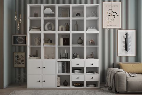 ZARA GENİŞ DUVAR KİTAPLIĞI 5 SÜTUNLU MİNİMALİST AHŞAP DETAYLI KİTAP RAFI NRG KTP 1151