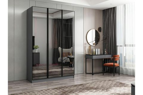 NİSA 3 KAPAKLI 2 ÇEKMECE DOLAP ANTRASİT REFLEKTE CAM