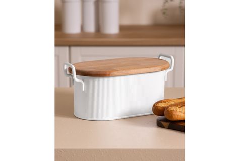 THE MİA STRİPE AHŞAP KAPAKLI EKMEK SAKLAMA KUTUSU BEYAZ 40X22X18 CM