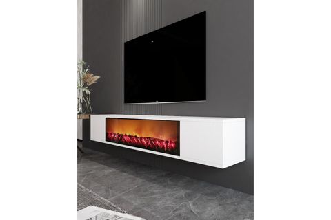 PARLA ŞÖMİNELİ DUVARA MONTAJ TV SEHPASI, BEYAZ, 150 CM
