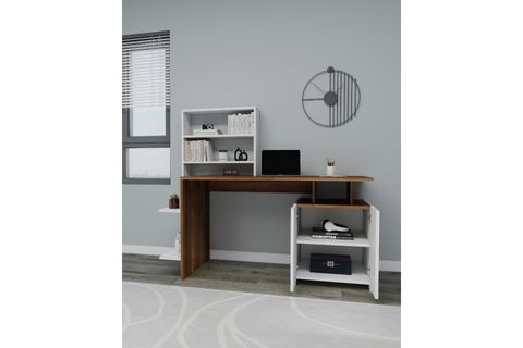 MELİS DOLAPLI RAFLI GENİŞ ÇALIŞMA BİLGİSAYAR MASASI, BEYAZ CEVİZ