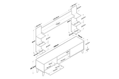 RANİ A9 DUVAR RAFLI TV ÜNİTESİ KİTAPLIKLI TV SEHPASI DUVARA MONTE RAFLI MODERN AYAKLI 180 CM BEYAZ M23