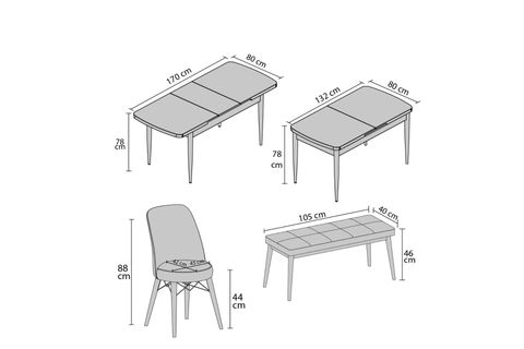 AY SERİSİ 1 MASA + 4 SANDALYE + BENCH MUTFAK MASA TAKIMI 019, AÇILIR GRİ BEYAZ, 132X80