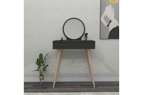ARNETTİ SİENA ÇEKMECELİ AHŞAP AYAKLI AYNALI MAKYAJ MASASI, ANTRASİT - SİENA