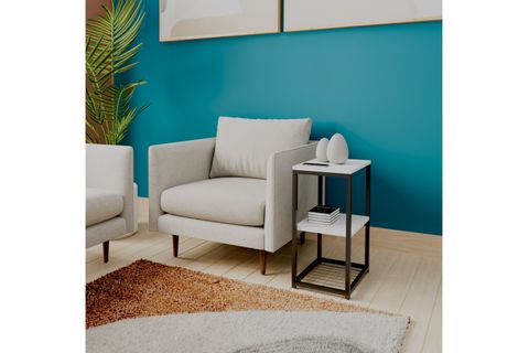 LİNA METAL AYAKLI AHŞAP RAFLI YAN SEHPA, BEYAZ