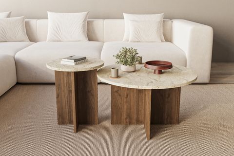 PRİVATE DEKORATİF CEVİZ MERMER ORTA SEHPA İSKANDİNAV, KREM