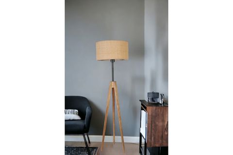 KANARYA LAMBADER, YANIK AYAK, SİLİNDİR HASIR RATTAN ABAJURLU